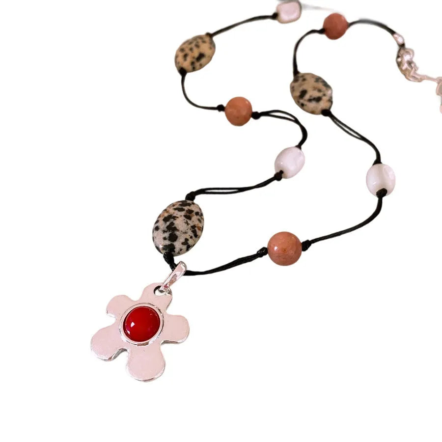 Stone shell beaded flower pendant necklace electroplated alloy clavicle chain 51-60cm gold