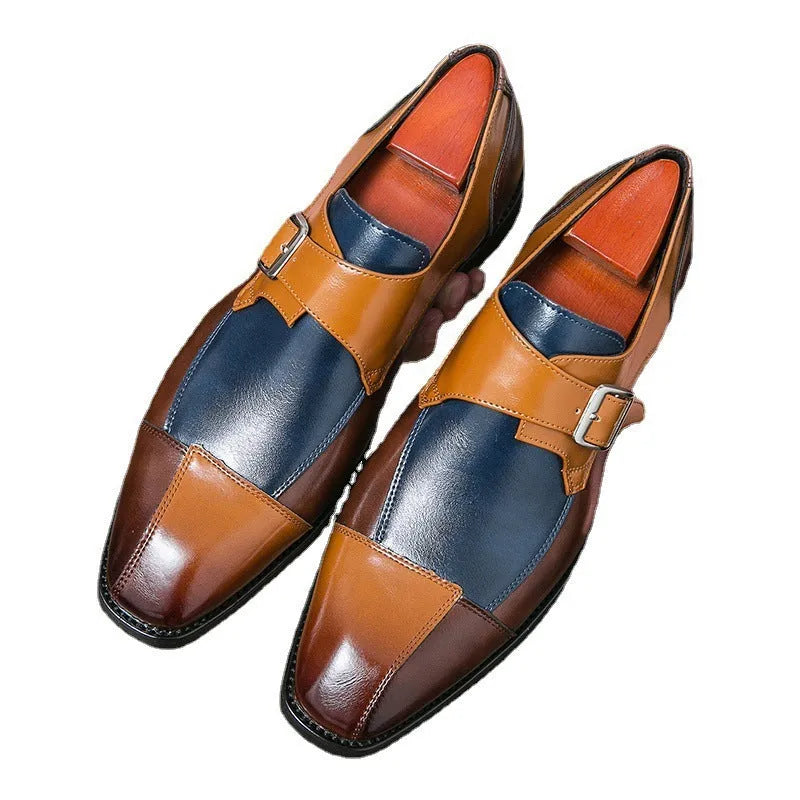 Men's brown blue retro buckle casual shoes with tall crown microfiber upper