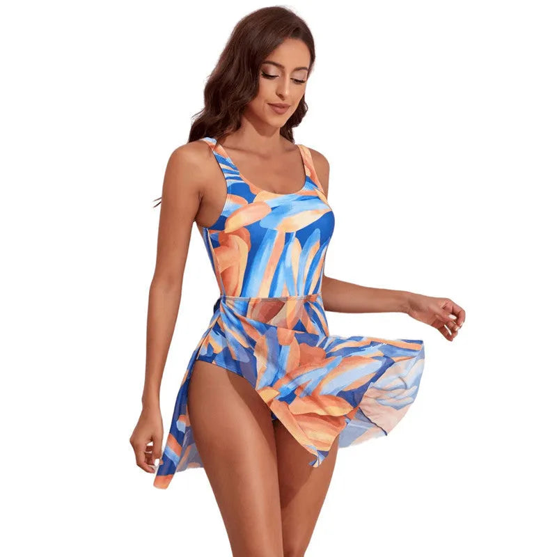 Women's single-shoulder one-piece swimsuit with slim waist and floral digital printing design