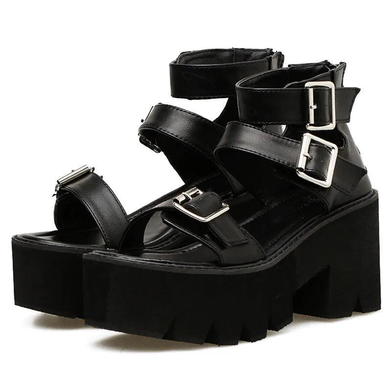 Black punk Harajuku thick bottom chunky heel women's sandals with round toe and buckle