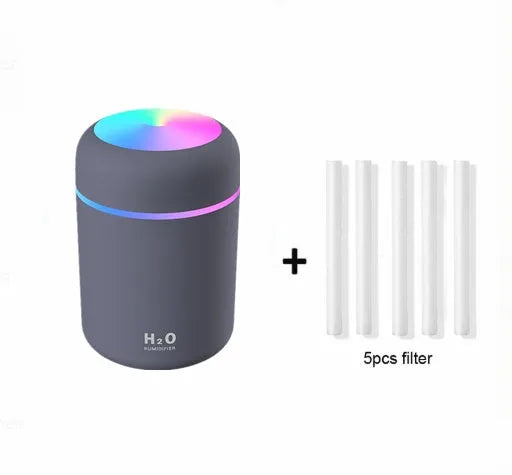Compact car air purifying humidifier with 300ml water tank, USB powered, in white colour