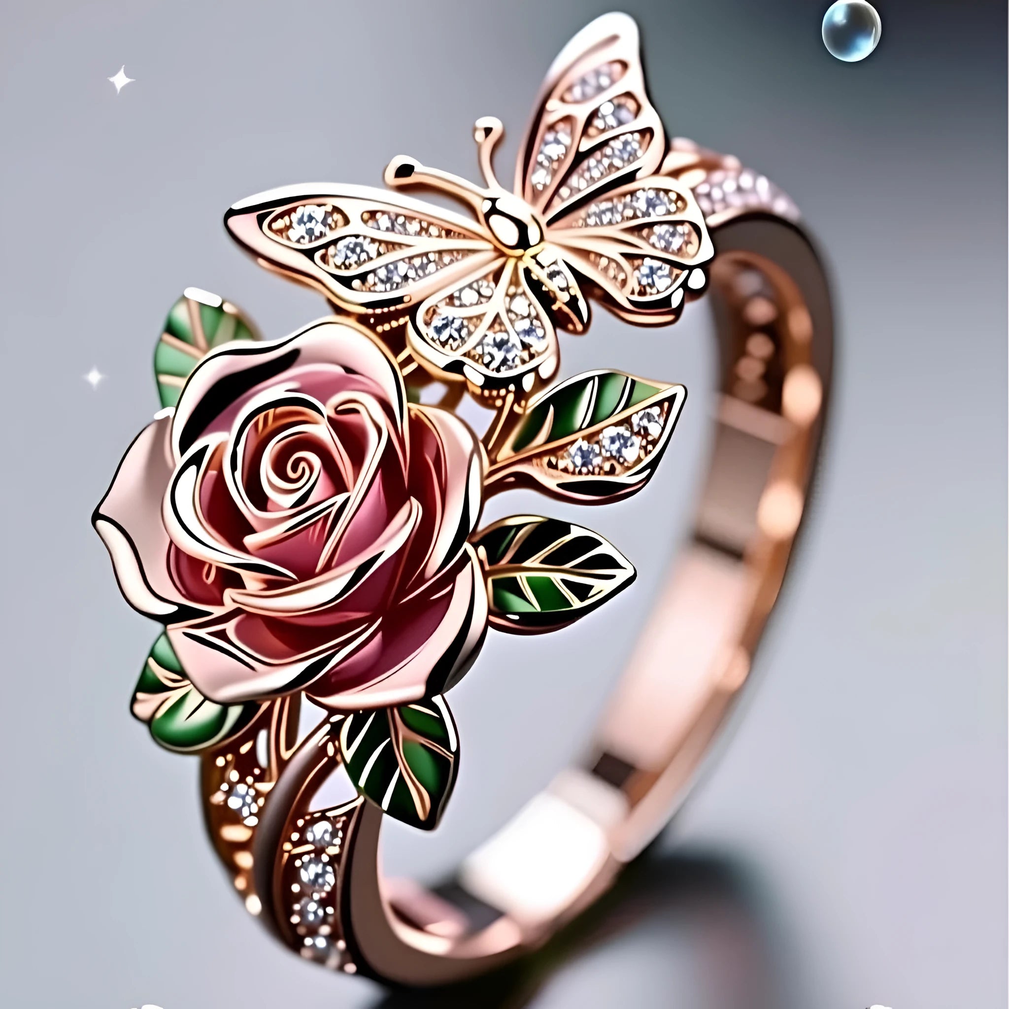 Adjustable butterfly ring with colourful oil drip finish showing floral and insect modelling in alloy metal