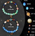 Set of two natural stone beaded bracelets with zodiac signs and an adjustable Chinese knot closure.