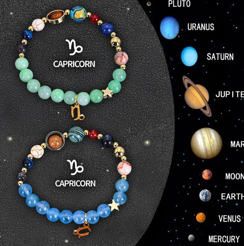 Set of two natural stone beaded bracelets with zodiac signs and an adjustable Chinese knot closure.