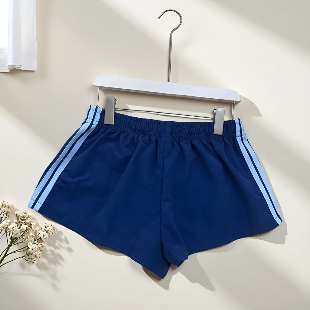 Men's navy blue high-waist casual sports shorts made from nylon, shown flat, size options XS-L