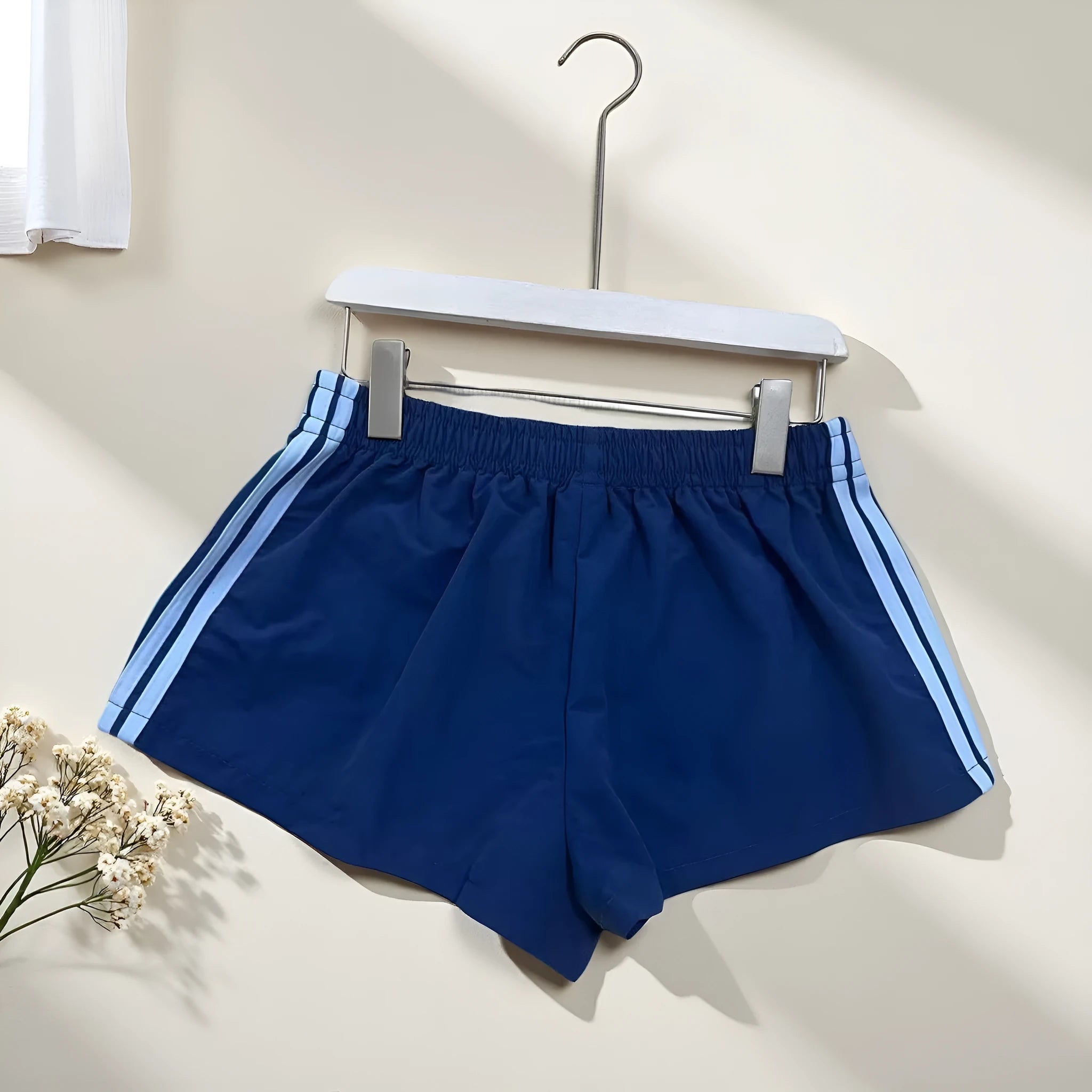 Men's navy blue high-waist casual sports shorts made from nylon, shown flat, size options XS-L