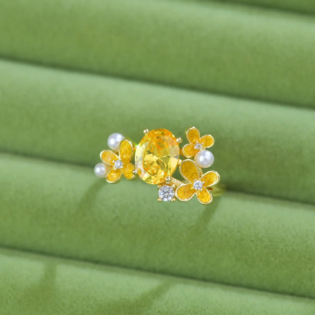Flower pearl zircon open ring on copper base, yellow colour, cream sweet girl style