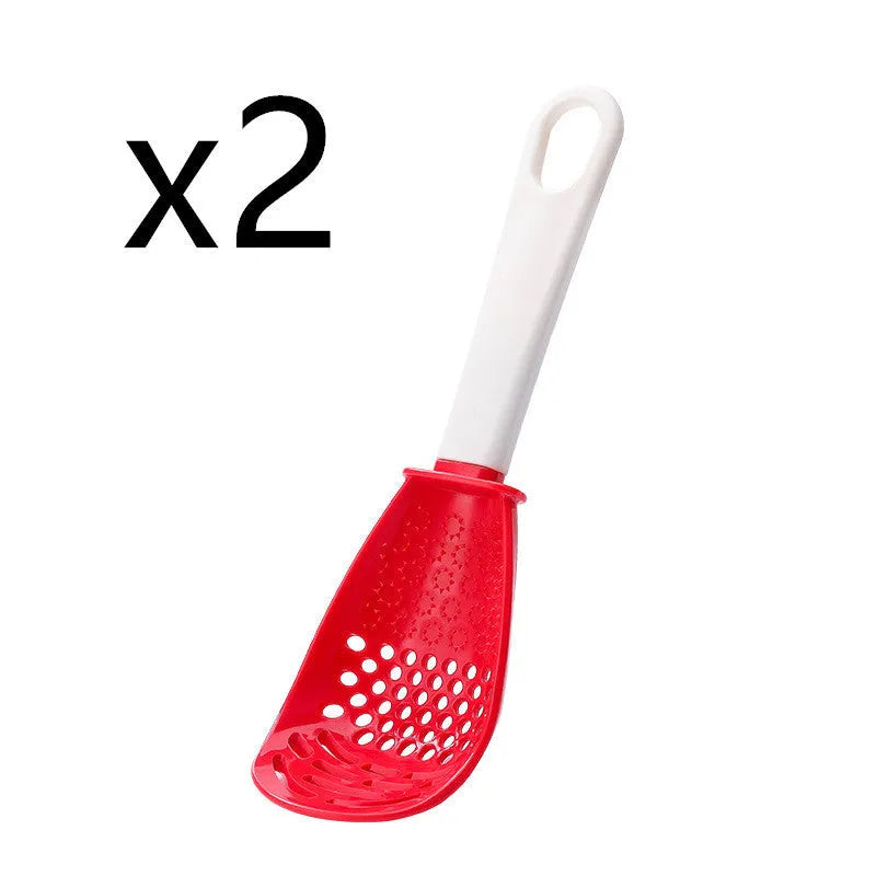 Multifunctional slotted grinding cooking spoon in red plastic with half-enclosed head and serrated edge
