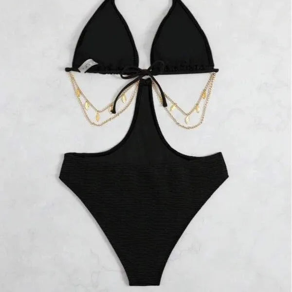 Women's black chain design bikini swimsuit on white background
