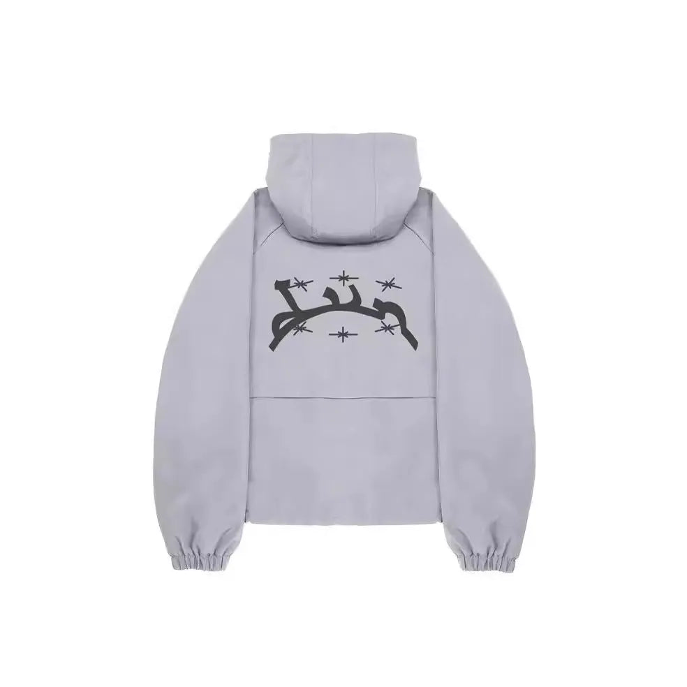 Men's grey British style hooded sunscreen jacket with loose polyester fit