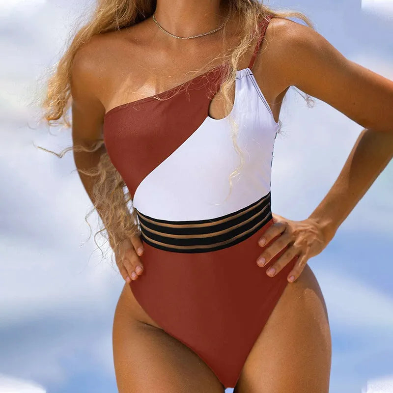 Women's one piece mesh panel swimsuit in solid colour, polyester fabric, chest pad, no steel support
