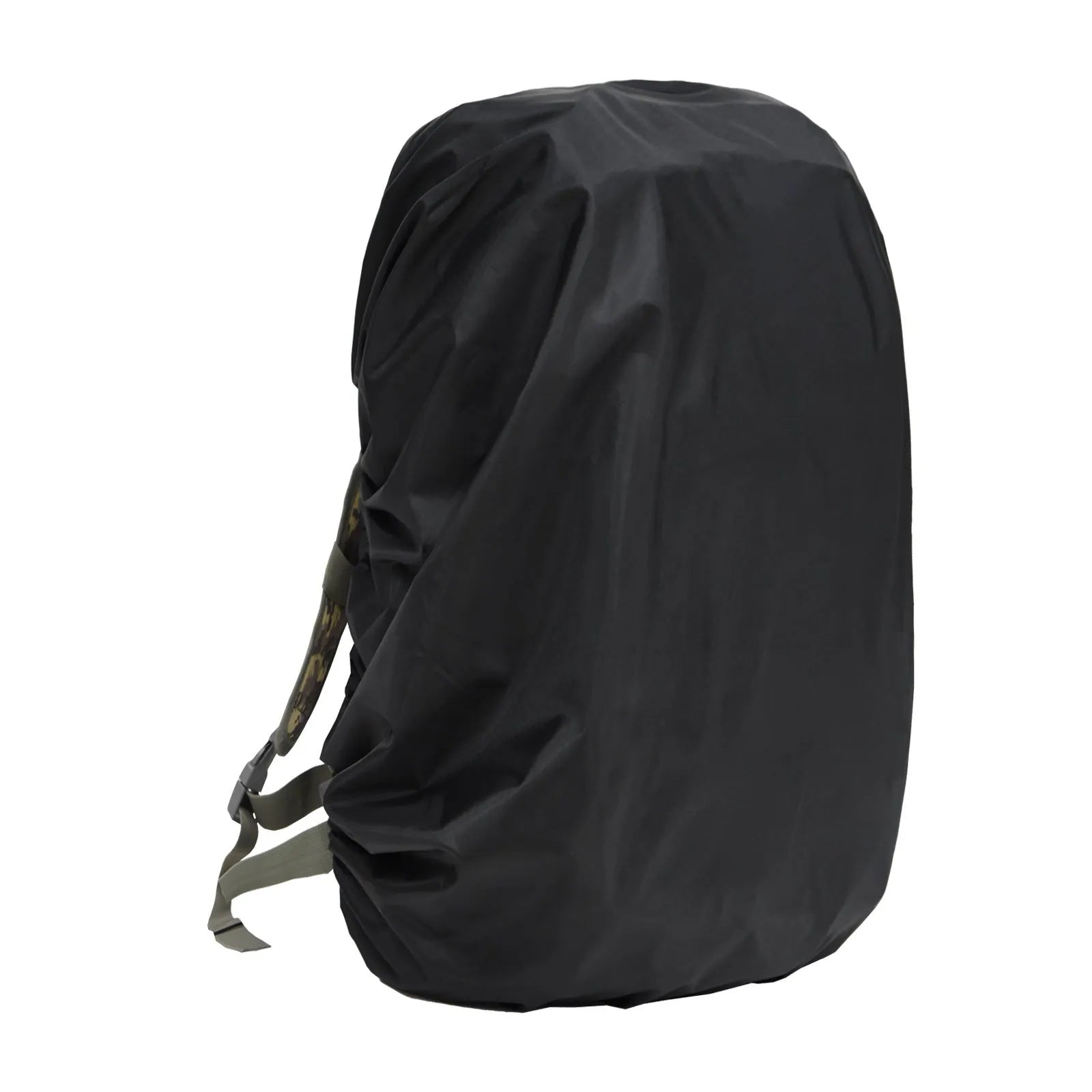 Army green PU rain cover stretched over a large backpack for outdoor use