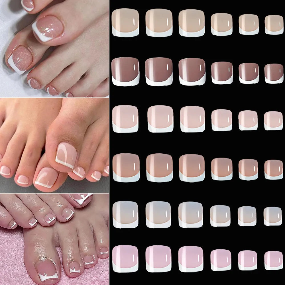 120 piece French white edge false toe nails in nude colours, full square short shape.