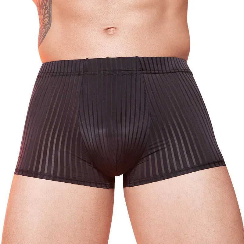Men's striped underwear in transparent nylon fabric, shown in black, dark grey, and white colours