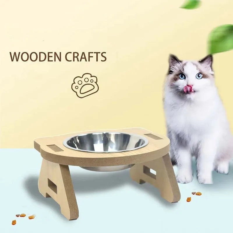 Wooden cat bowl feeder with two stainless steel bowls, anti-overturning base, raised design for neck protection