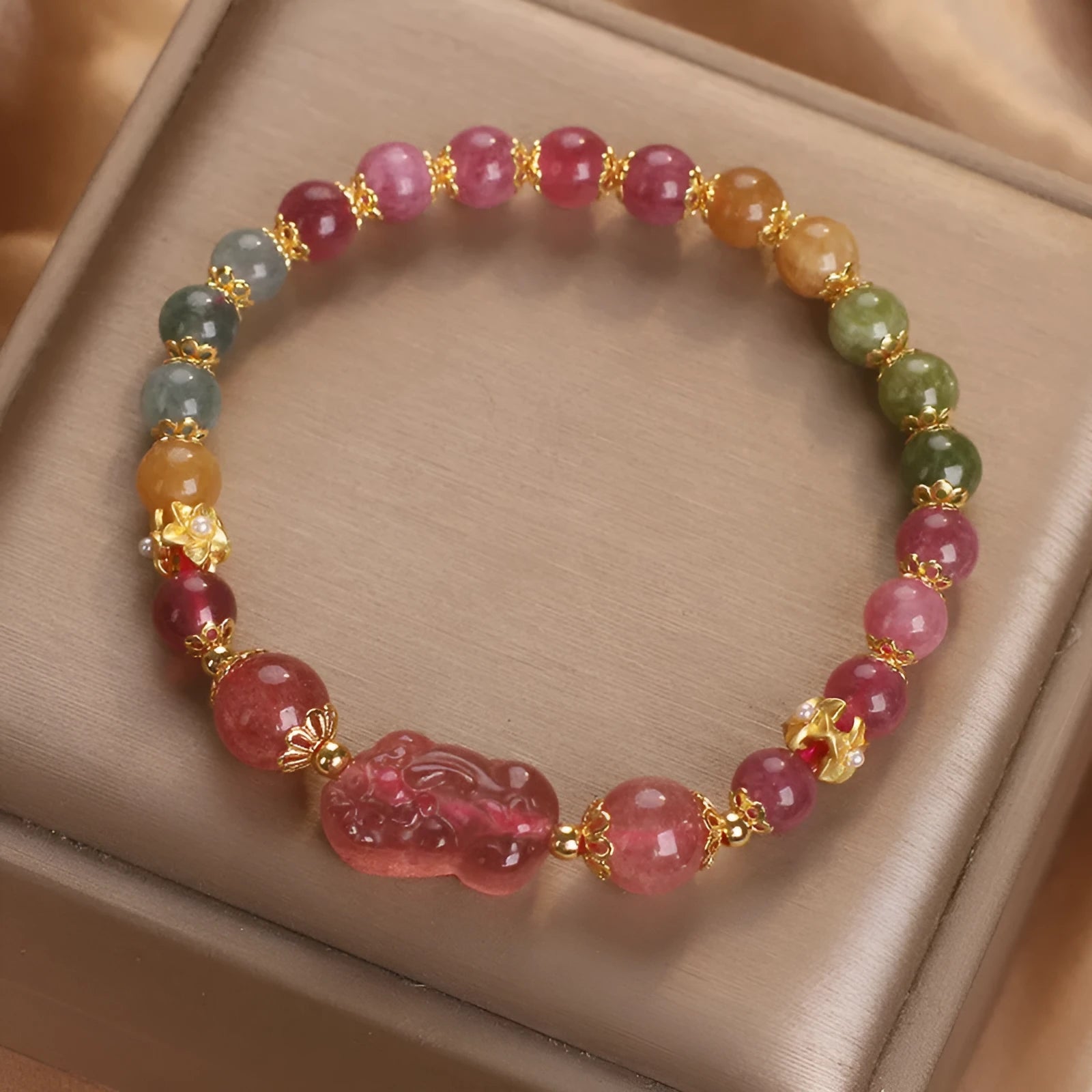 Candy color tourmaline strawberry quartz pi xiu bracelet 17cm women pink red crystal electroplating beads