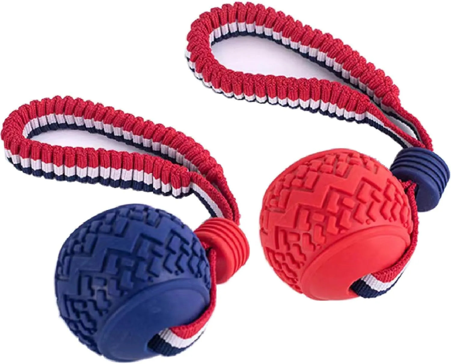 Blue natural rubber dog ball attached to a rope toy for small breeds, showing textured surface.