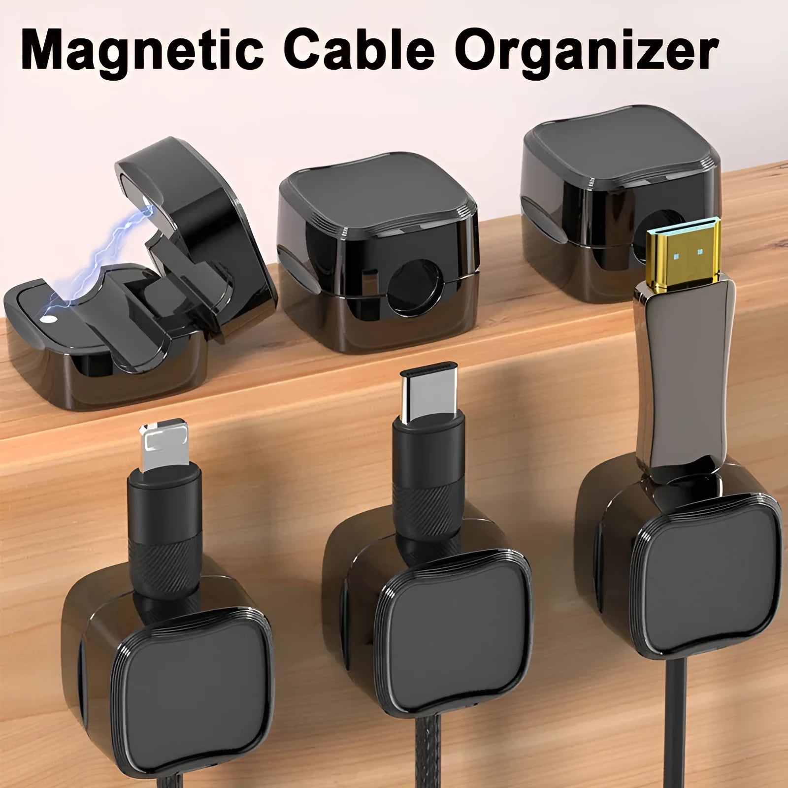 White and black cable clips holding under desk wires including USB and HDMI cables