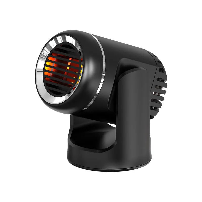 Compact 12V car heater defrost fan in black and white ABS plastic with heat switch and 1.5m power cord