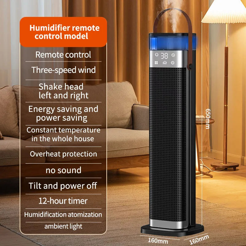 Vertical ceramic heater with humidifier and remote control on a floor