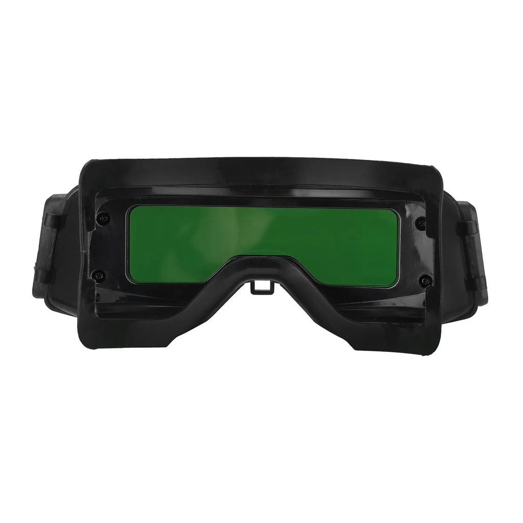 Black automatic darkening welding mask with a large rectangular viewing lens and adjustment controls on the side.