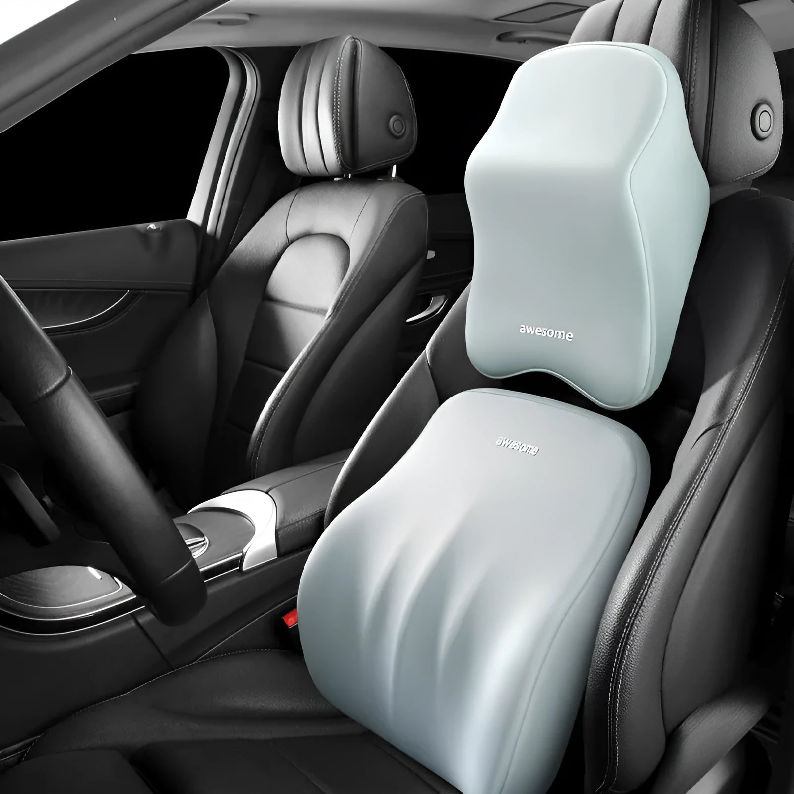 Car memory foam lumbar pillow set with headrest and waist rest in geometric pattern, black colour option