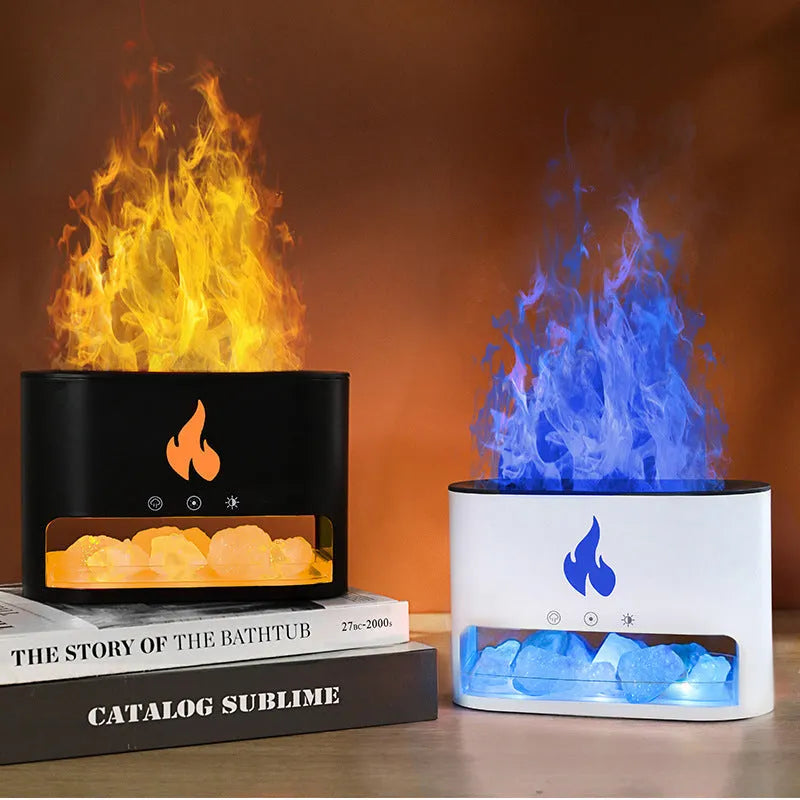 New Flame Humidifier Black - 3D simulation flame humidifier with crystal salt stone and colourful atmosphere lamp