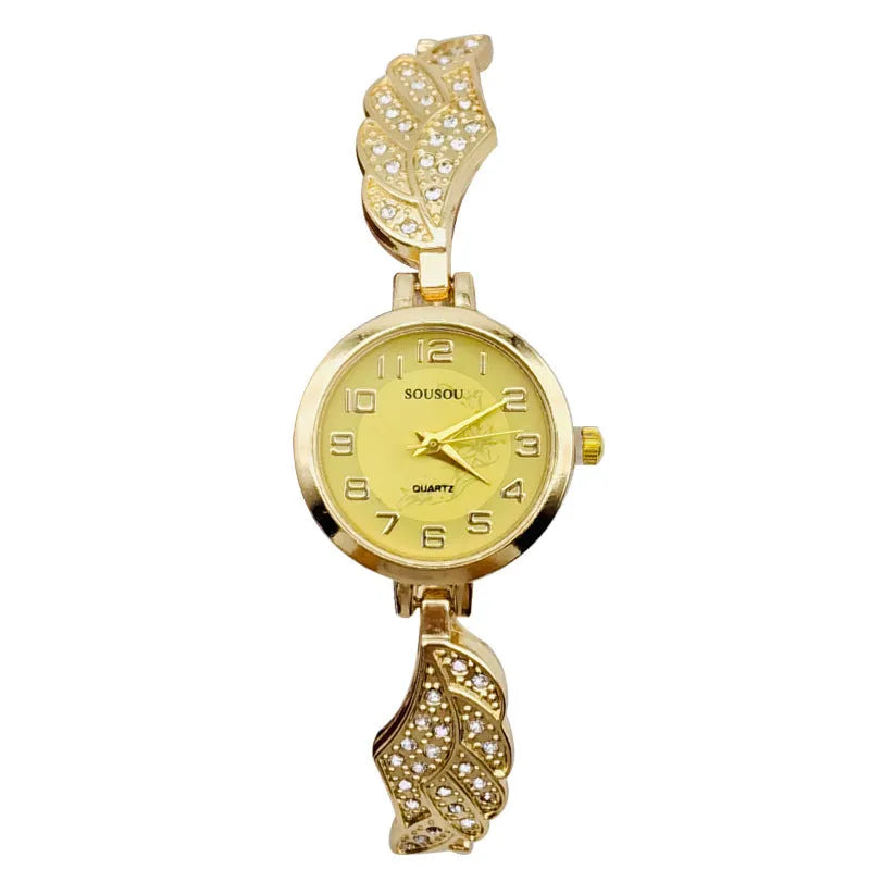 Women's stainless steel watch with round dial showing gold face colour option and Vachette clasp buckle
