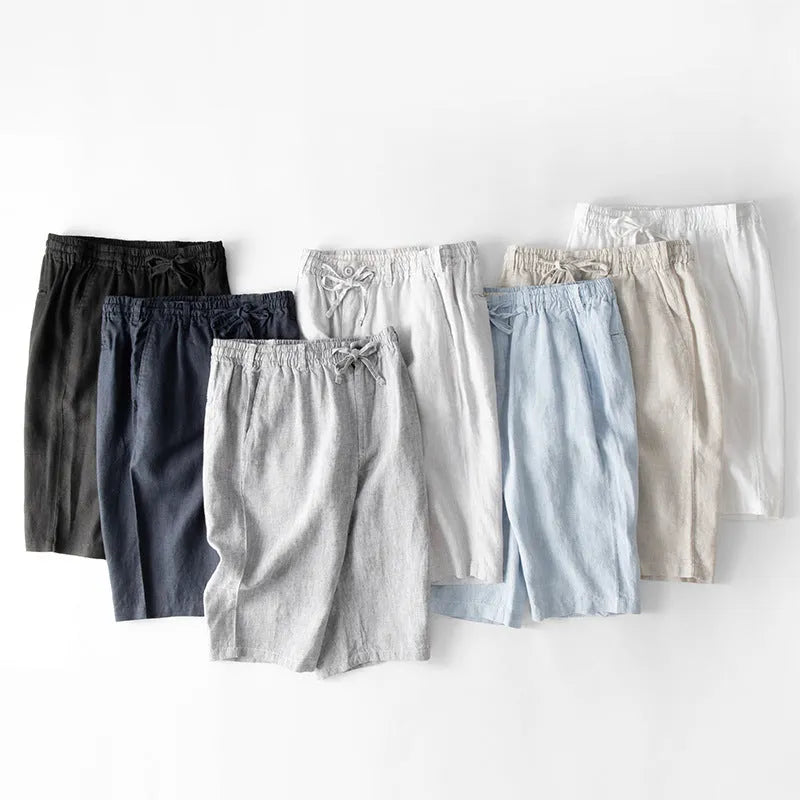 Men's casual thin loose linen beach capris in multiple colours including black, white, gray, and blue