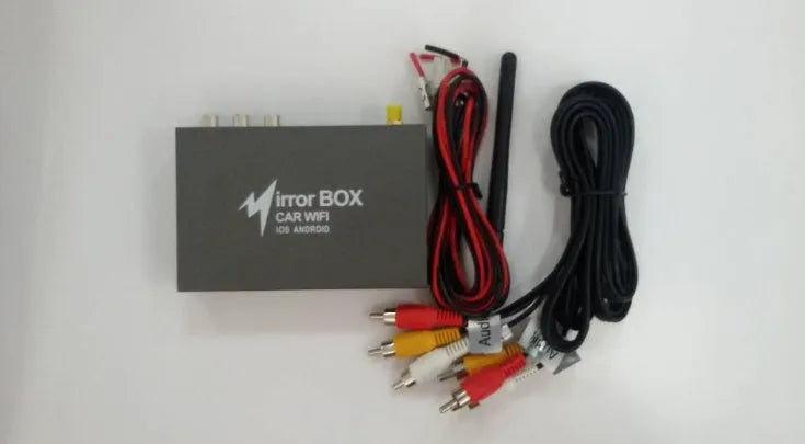 Black car mirror link WiFi box with power cable, antenna, AV cable and manual for smartphone screen mirroring.
