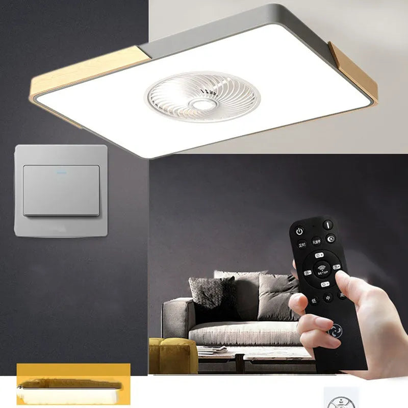 Nordic ceiling fan light with solid wood frame and white PVC lampshade, shown in round, square, and rectangular shape options.