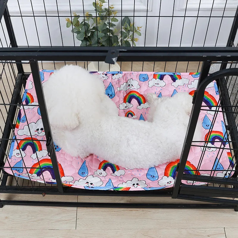 Reusable washable pet urine pad in animal world pattern showing waterproof cloth material.
