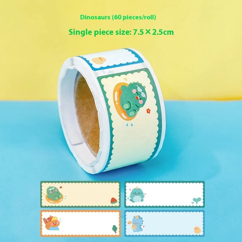 Roll of cartoon message index stickers showing dinosaur, astronaut, rabbit, and girl designs for student organisation