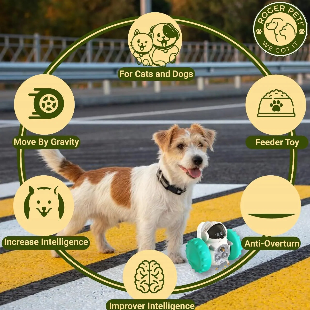 Self-balancing dog treat dispenser toy with robot design in multiple colours for small pets