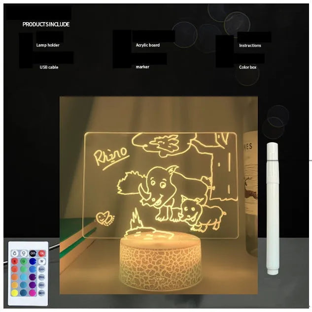 3D acrylic message board with LED lighting and a stylus pen on its illuminated surface