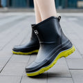 Women's non-slip waterproof rubber shoes, black solid colour, flat heel, low tube design