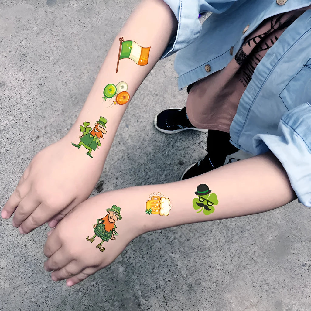 Children's temporary tattoo sticker with Irish festival flag and St Patrick's Day clover design