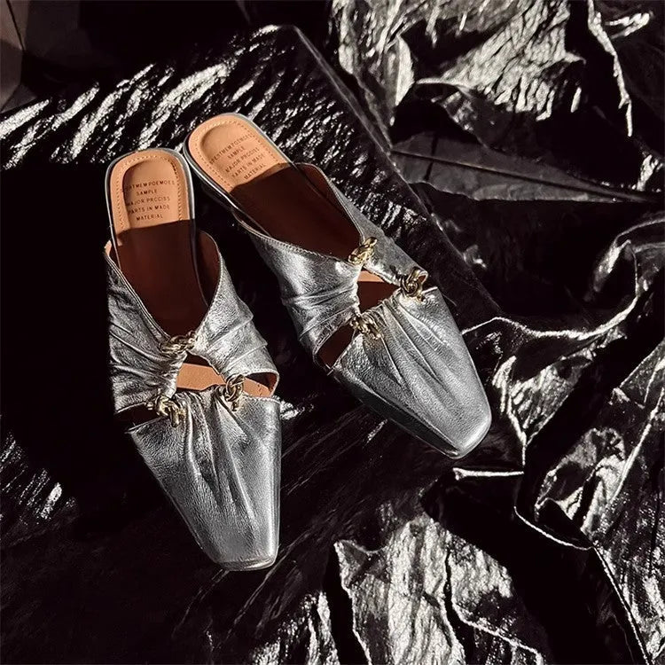 Genuine leather women's half toe cap slippers in gold with low heel and square toe