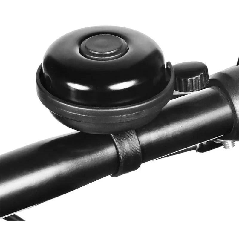 Black ABS bicycle flat bell 58mm diameter on handlebar with fixture for mountain bike