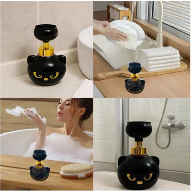 Black cat cartoon plastic soap dispenser measuring 10x10x18cm with manual pump