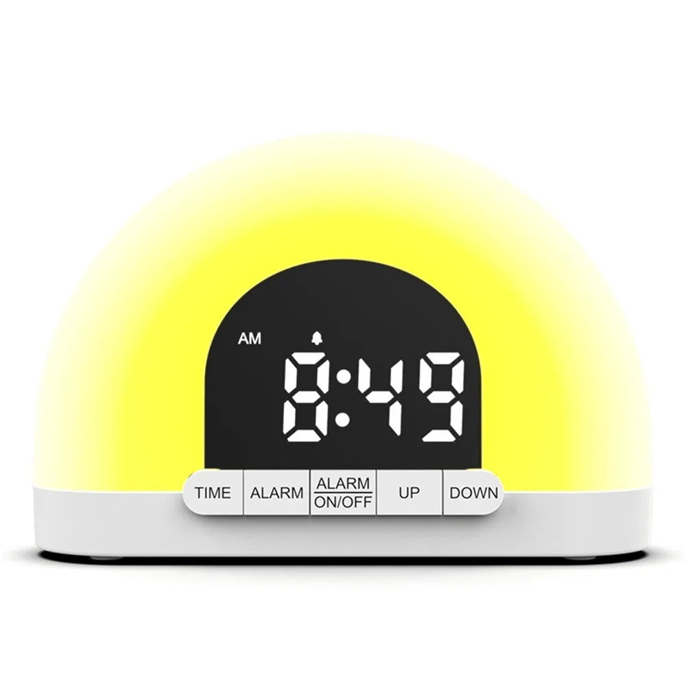 Wake-up light simulated sunrise alarm clock with white display and ABS shell, 150x50x105mm, on a bedside table