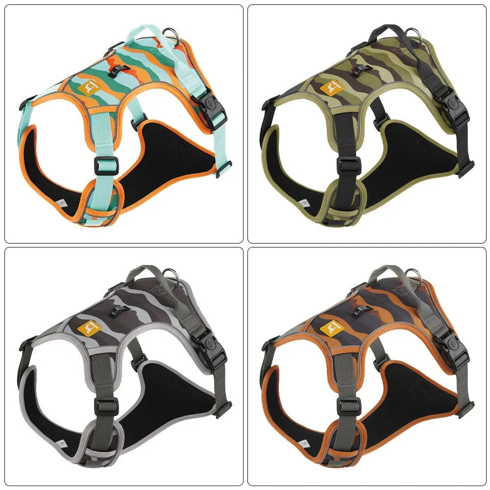 Orange dog chest and back harness with reflective strips and an integrated hand-holding rope.