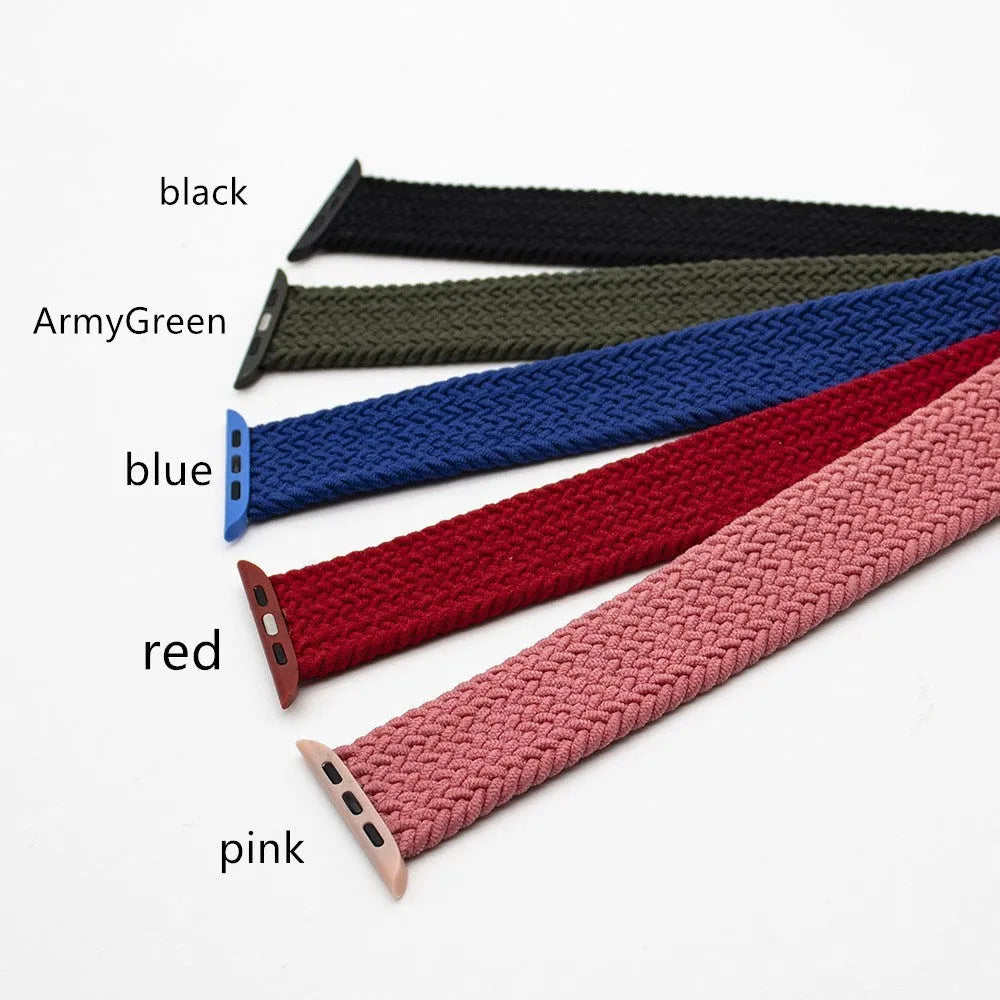 Nylon woven sports strap for Apple Watch in multiple colours, showing plastic head and one-piece design.