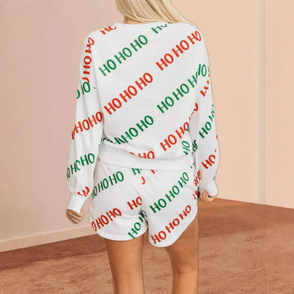 Women's white polyester two-piece suit with black letters printed design, long sleeves and fifth-length trousers
