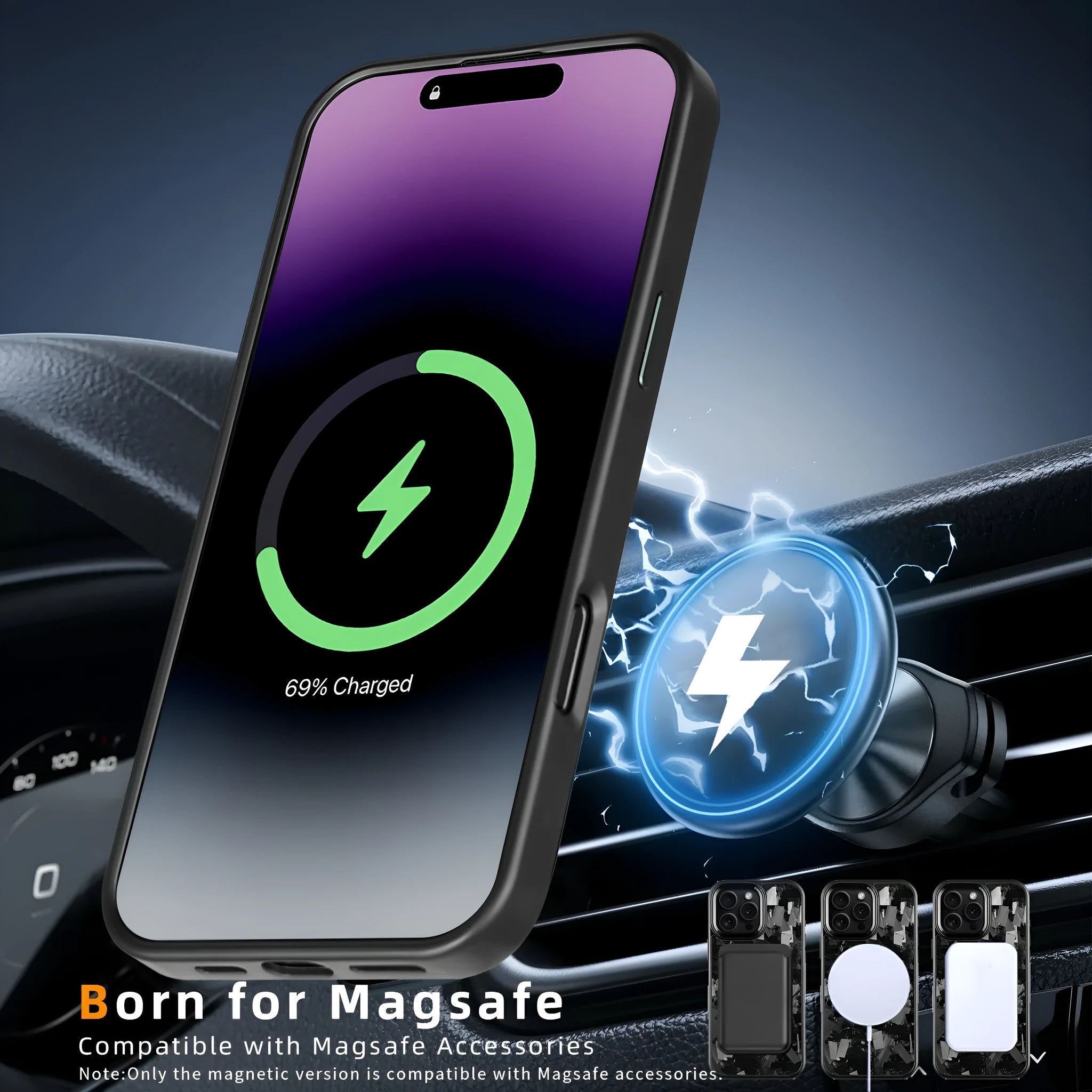 Black carbon fibre mobile phone case with a metal frame and magnetic feature for iPhone 17 models.