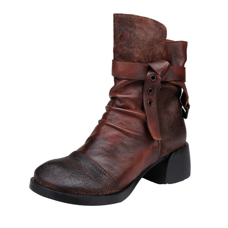 Women's retro chunky heel ankle boots in genuine leather, round toe, black colour
