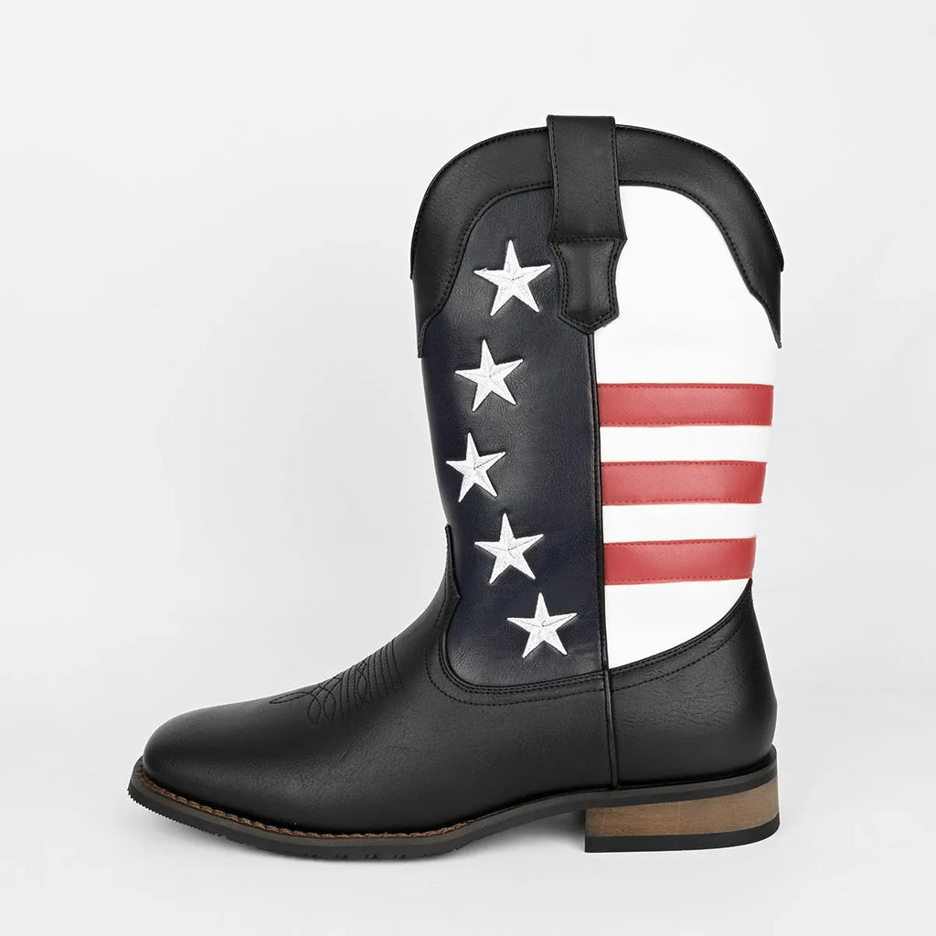 Men's Five-pointed Star Western cowboy boots with square heel, round toe, floral detail, artificial leather upper, black colour
