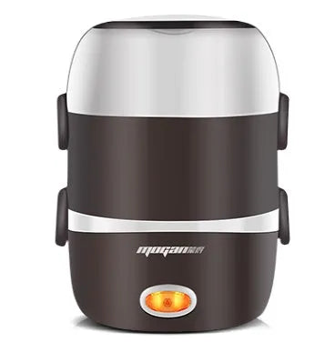 White 2L rice cooker with 200w power and 2-layer steaming option on a kitchen counter