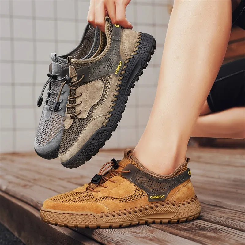 Men's suede low top walking shoes with hand-stitched rubber sole and elastic band in brown color