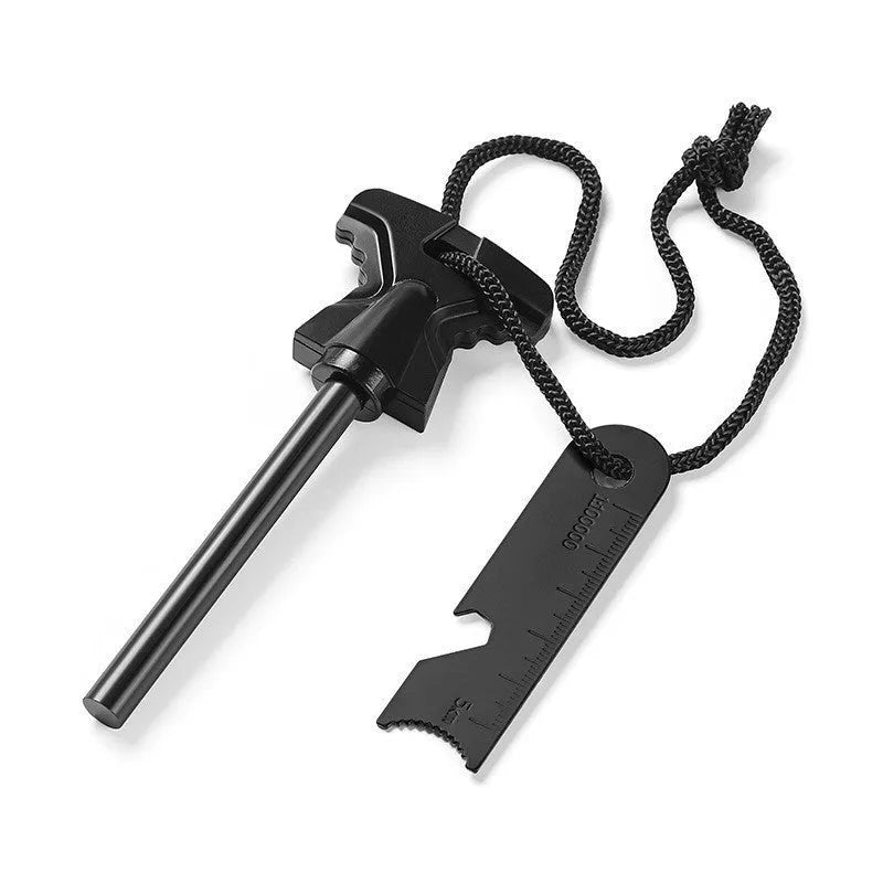 Butterfly-shaped stainless steel survival tool with integrated firestarter and bottle opener